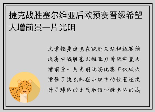 捷克战胜塞尔维亚后欧预赛晋级希望大增前景一片光明