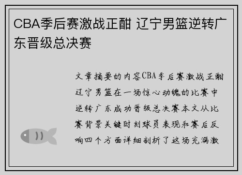 CBA季后赛激战正酣 辽宁男篮逆转广东晋级总决赛