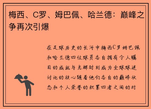 梅西、C罗、姆巴佩、哈兰德：巅峰之争再次引爆